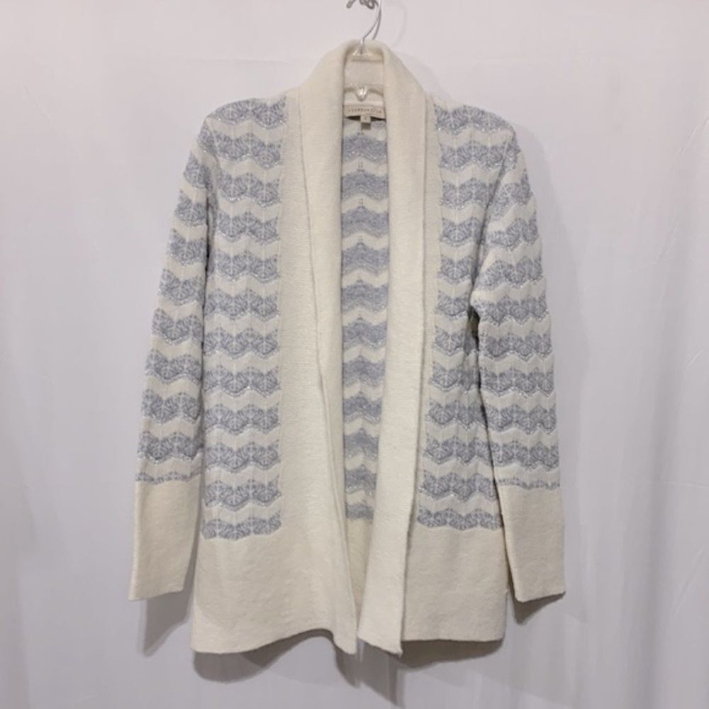 LINEAMAGLIA Cozy Cream & Gray  Metallic Silver Thread Woven In Women's Cardigan